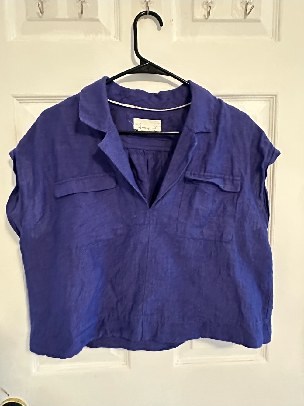 Anthropologie Short-Sleeve Linen Cotton Shirt in Deep Royal Purple